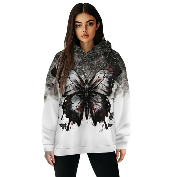 COEQINE Pullover Sweatshirts Oversized Tops Lightweight Women's Hoodies Black Butterfly Fit Long Sleeves Casual Wear Cozy Soft Crewneck Fashion Y2K Printing Loose Hooded Outfits, L