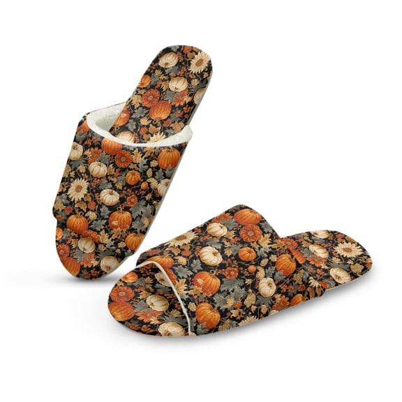 COEQINE Pumpkin Maple Leaf Flower Fuzzy Slippers for Women Indoor Warm Winter Fluffy Slides Trendy House Slippers Open Toe Machine Washable Slip On House Sandals for Men Ladies, 44-45