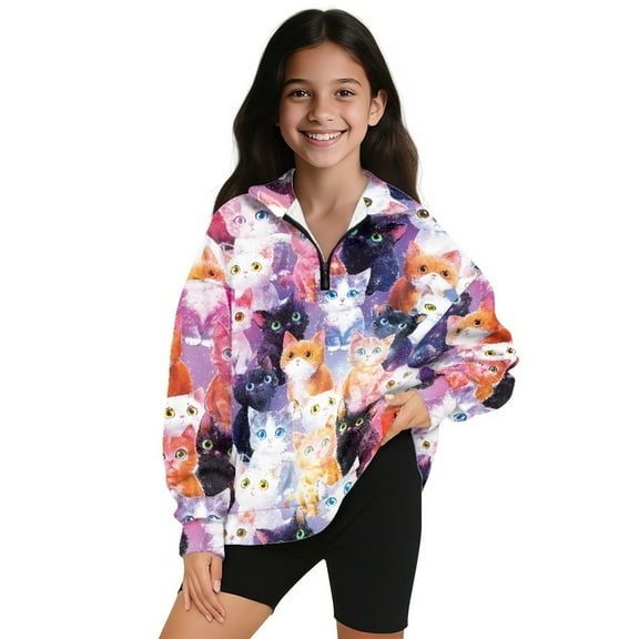 COEQINE Quarter Zip Pullover for Girls, Loose Fit Long Sleeve Sweatshirt with Drop Shoulder, Trendy Printed Fall Top Streetwear for 11-12 Year Olds, Cute Cat