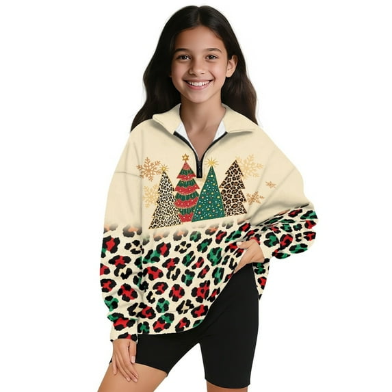 COEQINE Quarter Zip Sweatshirt for Girls with Collar, Long Sleeve Loose Fit Pullover, Printed Style and Soft Polyester, Machine Washable for 7-8 Years Old, Christmas Tree Leopard Print