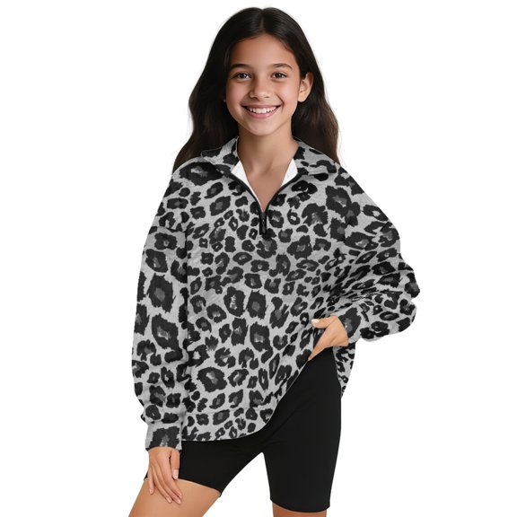 COEQINE Quarter Zip Sweatshirt for Girls with Collar, Long Sleeve Loose Fit Pullover, Printed Style and Soft Polyester, Machine Washable for 7-8 Years Old, Leopard Print Gray