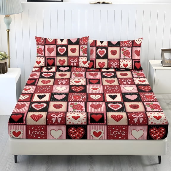 COEQINE Queen Sheet Set 3 Pieces Bed Sheets Set, Soft Breathable Easy Care Bedding Set Long Lasting Bottom Bedsheet for Queen Size Bed for Valentine's Day Decor, Heart Patchwork Red Black