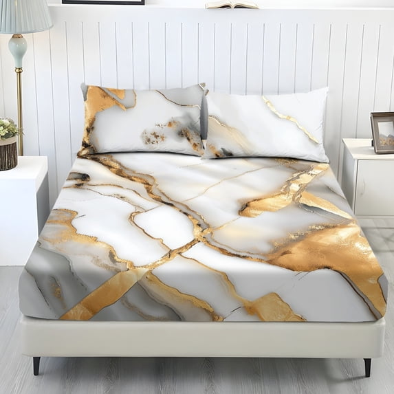 COEQINE Queen Sheet Set 3 Pieces Bed Sheets Set, Soft Breathable Easy Care Bedding Set All Season Long Lasting Bottom Bedsheet for Queen Size Bed, Marble White Gold