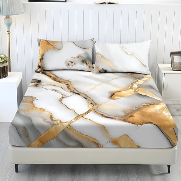 COEQINE Queen Sheet Set 3 Pieces Bed Sheets Set, Soft Breathable Easy Care Bedding Set All Season Long Lasting Bottom Bedsheet for Queen Size Bed, Marble White Gold