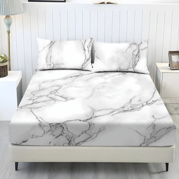 COEQINE Queen Sheet Set 3 Pieces Bedding Set, Comfort Fade Resistant Fitted Sheet with 2 Pillowcases, Winter Bottom Bedsheet Easy & Secure Fit, White Marble