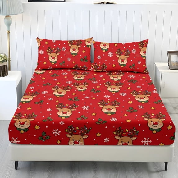 COEQINE Queen Sheet Set Breathable Soft Bedding Sheet Set 3 Pieces Deep Pocket Holiday Bedding Set with All Around Elastic for Christmas Decor, Cute Reindeer Holly Red