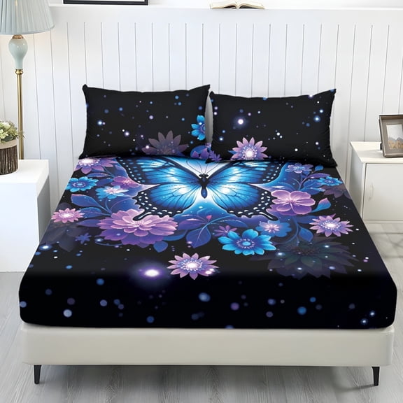 COEQINE Queen Sheet Set Breathable Soft Bedding Sheet Set 3 Pieces Deep Pocket Holiday Bedding Set with All Around Elastic for a Snug Fit, Blue Butterfly Floral