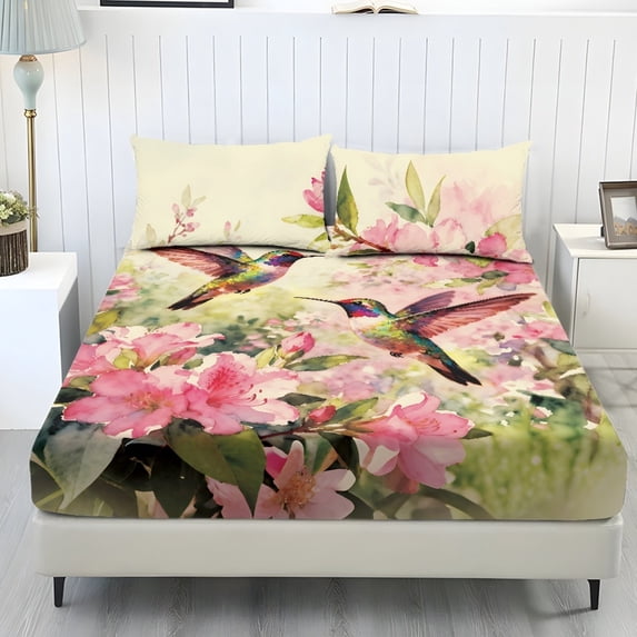 COEQINE Queen Sheet Set Breathable Soft Bedding Sheet Set 3 Pieces Deep Pocket Holiday Bedding Set with All Around Elastic for a Snug Fit, Watercolor Hummingbird Floral