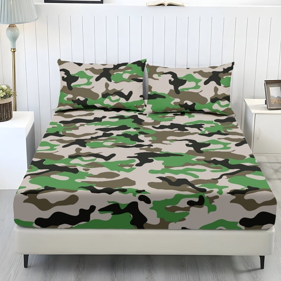 COEQINE Queen Sheet Set Soft Stretchy Bedding Sheet Set 3 Pieces Camo Green Deep Pocket Holiday Bedding Set with All Around Elastic Snug Fit Bottom Bedsheet, Camouflage Green