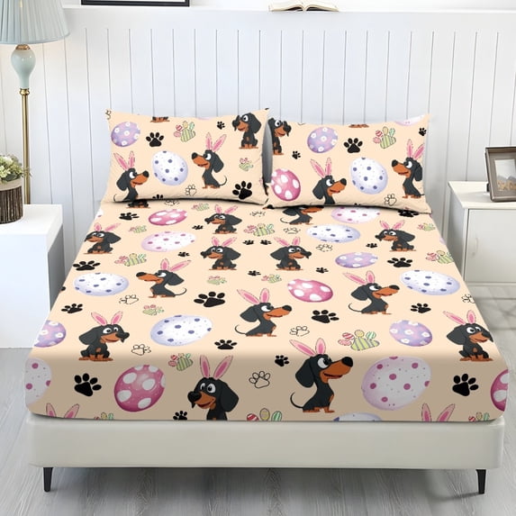 COEQINE Queen Sheet Set Soft Stretchy Bedding Sheet Set 3 Pieces Deep Pocket Holiday Bedding Set with All Around Elastic Snug Fit Bottom Bedsheet, Easter Dachshund Bunny Ears Egg Paw