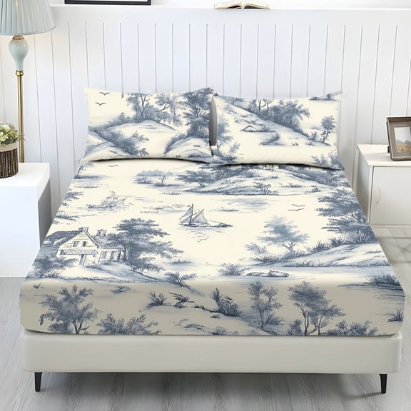 COEQINE Queen Sheet Set Soft Stretchy Bedding Sheet Set 3 Pieces Deep Pocket Holiday Bedding Set with All Around Elastic Snug Fit Bottom Bedsheet, Vintage Countryside Landscape