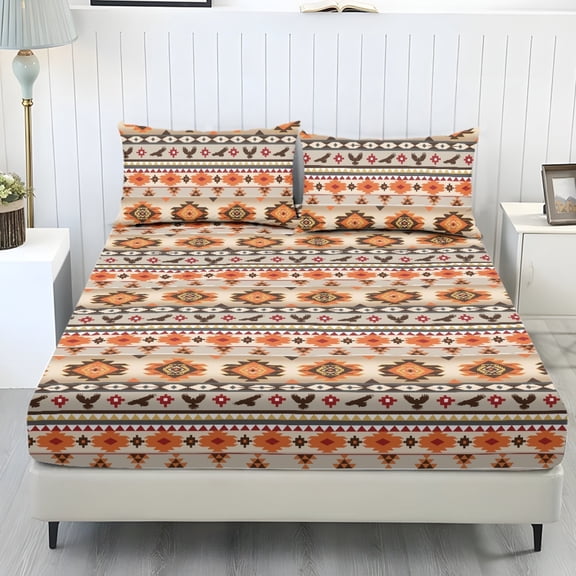 COEQINE Queen Sheet Set Stretchy Fitted Bed Sheet Comfy Fade Resistant Bedsheet & Pillowcases with All Around Elastic Stay in Place for Home Decor, American Tribal Eagle Beige Orange