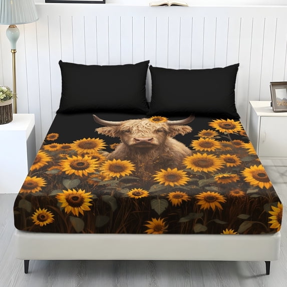 COEQINE Queen Sheet Set Stretchy Fitted Bed Sheet Comfy Fade Resistant Bedsheet & Pillowcases with All Around Elastic Stay in Place for Home Decor, Highland Cow Sunflower Black