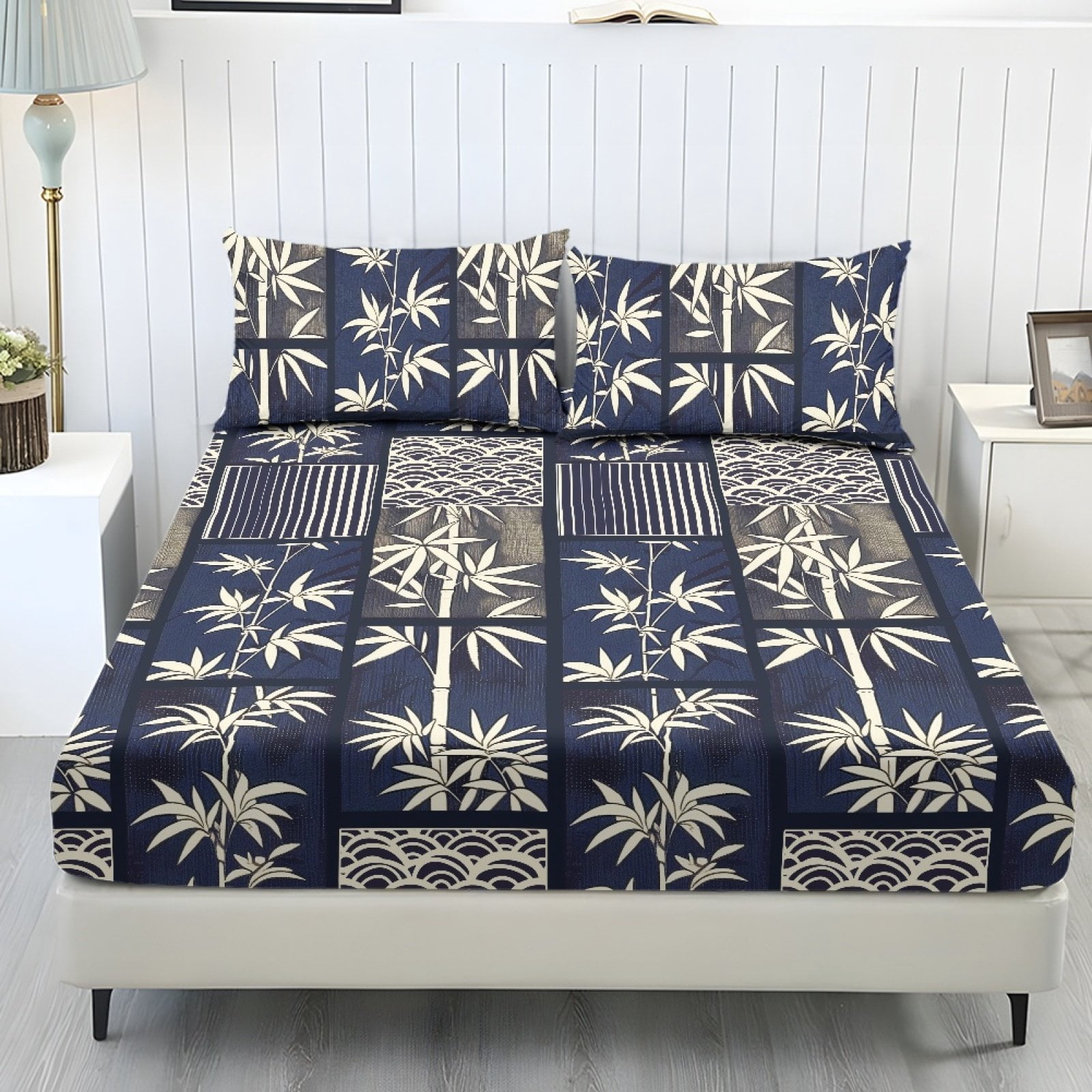 COEQINE Queen Sheets 3 Pieces Bed Sheets Set, Soft Fade Resistant Easy Care Bedding Set All Season Wrinkle Free Bottom Bedsheet for Queen Size Bed, Retro Wave Bamboo Leaf Print