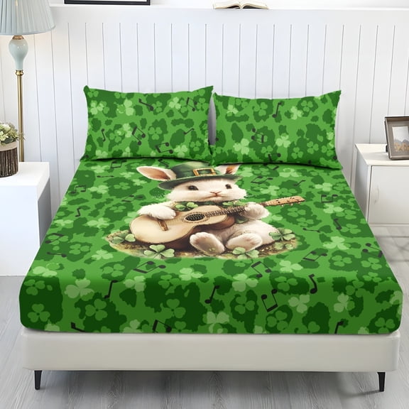 COEQINE Queen Sheets 3 Pieces Bed Sheets Set, Soft Fade Resistant Easy Care Bedding Set All Season Wrinkle Free Bottom Bedsheet for St. Patrick's Day Decor, Leprechaun Hat Rabbit Clover