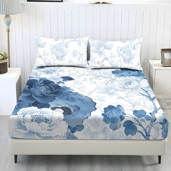 COEQINE Queen Sheets 3 Pieces Bedding Set, Comfort Wrinkle Free Fitted Sheet with 2 Pillowcases, Soft Winter Bottom Bedsheet Easy & Secure Fit, Blue White Peony Floral