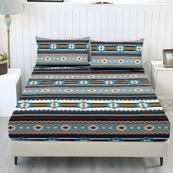 COEQINE Queen Sheets 3 Pieces Bedding Set, Comfort Wrinkle Free Fitted Sheet with 2 Pillowcases, Soft Winter Bottom Bedsheet Easy & Secure Fit, Southwestern American Tribal Blue
