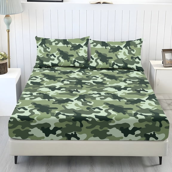 COEQINE Queen Size 3 Piece Sheet Set, Stay in Place Fade Stain Resistant Cooling Bed Sheets with All Around Elastic Cozy Bedsheet & Pillowcases, Green Camouflage