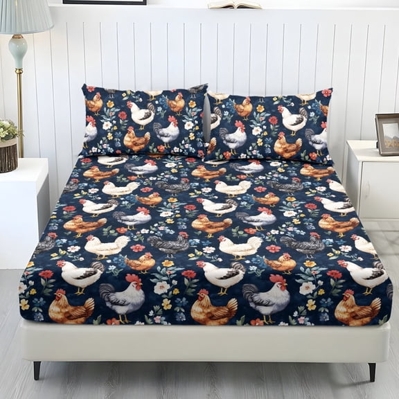 COEQINE Queen Size 3 Piece Sheet Set, Stay in Place Fade Stain Resistant Cooling Bed Sheets with All Around Elastic Cozy Bedsheet & Pillowcases, Rooster Chicken Floral Dark Blue