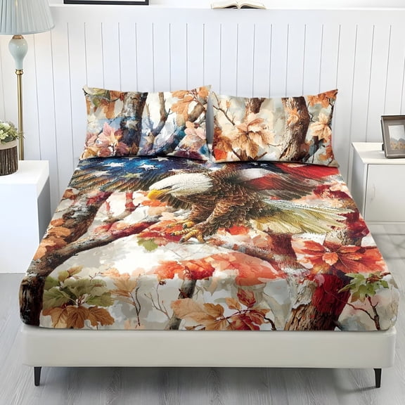 COEQINE Queen Size 3 Piece Sheet Set, Wrinkle Free Comfort Cooling Sheets All Around Elastic Fitted Holiday Bedding Set 4th of July Home Decor for Women Men, Eagle US Flag Camo Hunting Forest