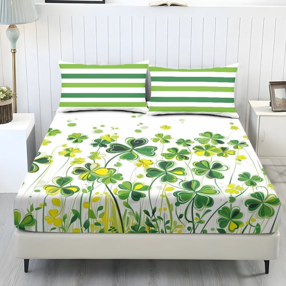 COEQINE Queen Size Sheet Comfy Bedding Fitted Sheet Non-Slip All Around Elastic Fitted Bottom Bedsheet Holiday Bed Set 3 Pieces Set for St. Patrick's Day Decor, Four Leaf Clover Stripes
