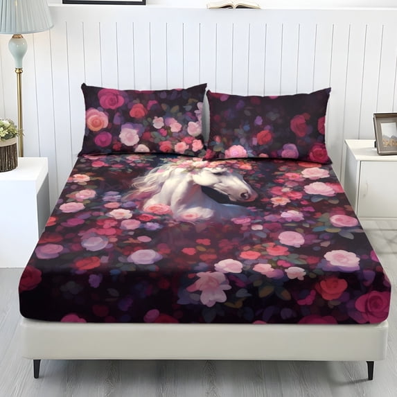 COEQINE Queen Size Sheet Comfy Bedding Fitted Sheet Non-Slip Snug Fit All Around Elastic Fitted Bottom Bedsheet Holiday Bed Set 3 Pieces Set, Pink Flower Horse