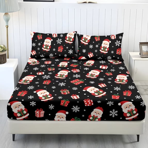 COEQINE Queen Size Sheet Set 3 Pieces Bedding Set, 1 Fitted Sheet & 2 Pillowcases, Easy Care All Around Elastic Fitted for Christmas Decor, Santa Claus Gift Snowflake