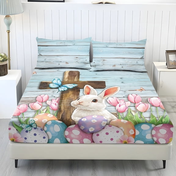 COEQINE Queen Size Sheet Set 3 Pieces, Includes Bedding Sheets & Pillowcases, All Around Elastic Fitted Long Lasting All Season for Women, Men, Easter Bunny Egg Cross Wood Grain