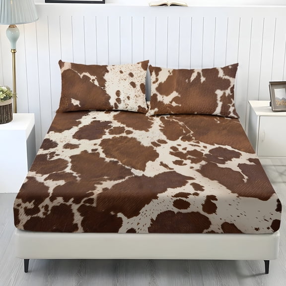 COEQINE Queen Size Sheet Set Breathable Fitted Bottom Sheet Soft Stain-Resistant Long Lasting Bedding Set with Deep Pockets for Queen Size Bed, Brown Cow Print