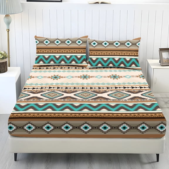 COEQINE Queen Size Sheet Set Cozy Easy & Secure Fit Stretchy 3 Pieces Bedding Sheet Set Bottom Bedsheet with All Around Elastic for Home Decor, Southwest American Tribal Teal Beige