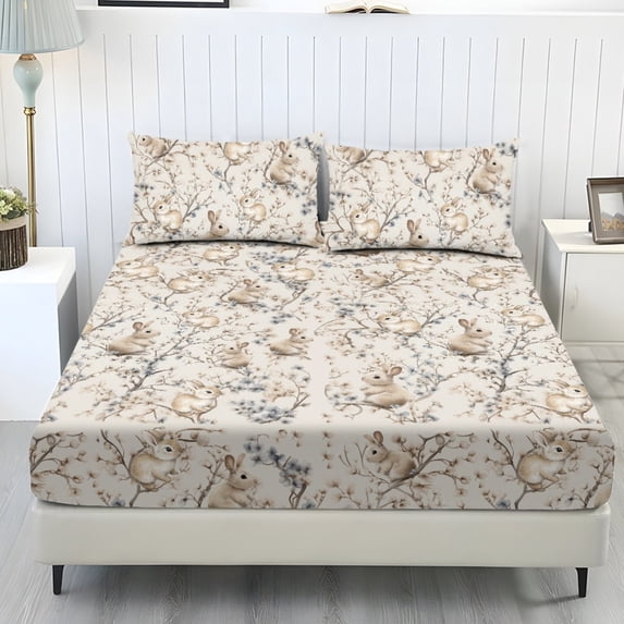 COEQINE Queen Size Sheet Set Cozy Fade Resistant 3 Pieces Bedding Sheet Set All Season Bottom Bedsheet with All Around Elastic for Home Decor, Retro Easter Bunny Floral