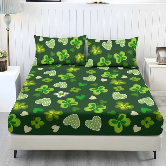 COEQINE Queen Size Sheet Set Cozy Fade Resistant 3 Pieces Bedding Sheet Set All Season Bottom Bedsheet with All Around Elastic for St. Patrick's Day Home Decor, Green Butterfly Heart Clover