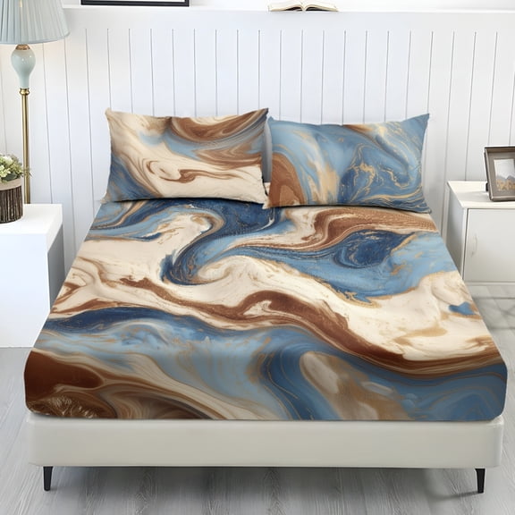 COEQINE Queen Size Sheet Soft Wrinkle Free Fitted Sheet with 2 Pillowcases, Fade Resistant Easy Care Non-Slip Bedsheet for for Queen Size Bed, Marble Blue Brown
