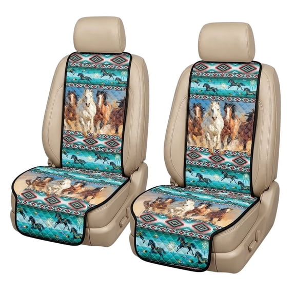 COEQINE Quilted Car Seat Cover for Two Front Seats, Durable Bucket Seat Protector Soft Dog Seat Cover, Set of 2, Universal Fit for Most Vehicles, Aztec Running Horse Teal