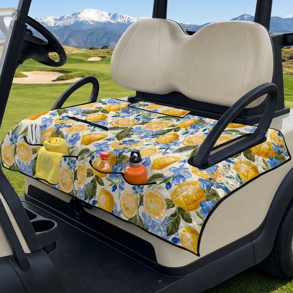 COEQINE Quilted Golf Cart Seat Blanket Cover, Includes Handle for Carrying When Folded, Universal Fit for EZGO Yamaha Club Car 2-Seaters, 4-Pocket Design, Lemon Blue Floral