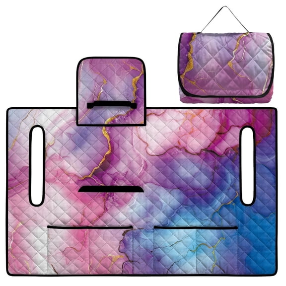 COEQINE Quilted Golf Cart Seat Blanket Cover, Includes Handle for Carrying When Folded, Universal Fit for EZGO Yamaha Club Car 2-Seaters, 4-Pocket Design, Marble Dark Pink Blue