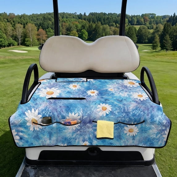 COEQINE Quilted Golf Cart Seat Cover, Folds Design with Handle for Easy Carry, Universal Fit 51.2x30.3 Inch for EZGO Yamaha Club Car 2-Seater, 4 Front Pockets, Daisy Tie-dye Blue