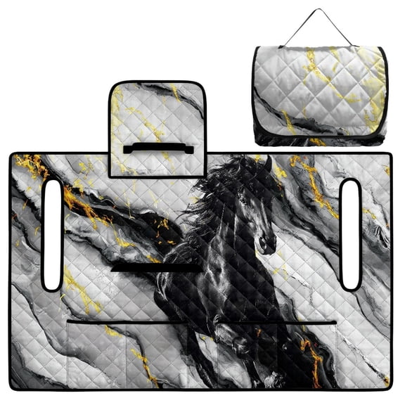 COEQINE Quilted Golf Cart Seat Cover, Folds Like a Bag with Handle for Easy Carry, Universal Fit 51.2"x30.3" for EZGO Yamaha Club Car 2-Seaters, 4 Pockets, Black Horse Marble