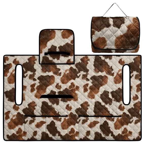 COEQINE Quilted Golf Cart Seat Cover, Folds Like a Bag with Handle for Easy Carry, Universal Fit 51.2"x30.3" for EZGO Yamaha Club Car 2-Seaters, 4 Pockets, Brown Cow Print