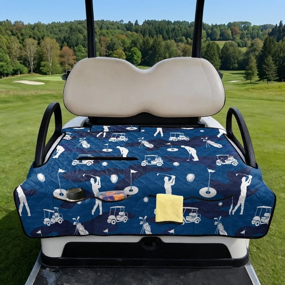 COEQINE Quilted Golf Cart Seat Cover, Folds Like a Bag with Handle for Easy Carry, Universal Fit 51.2"x30.3" for EZGO Yamaha Club Car 2-Seaters, 4 Pockets, Dark Blue Camo Golf Pattern