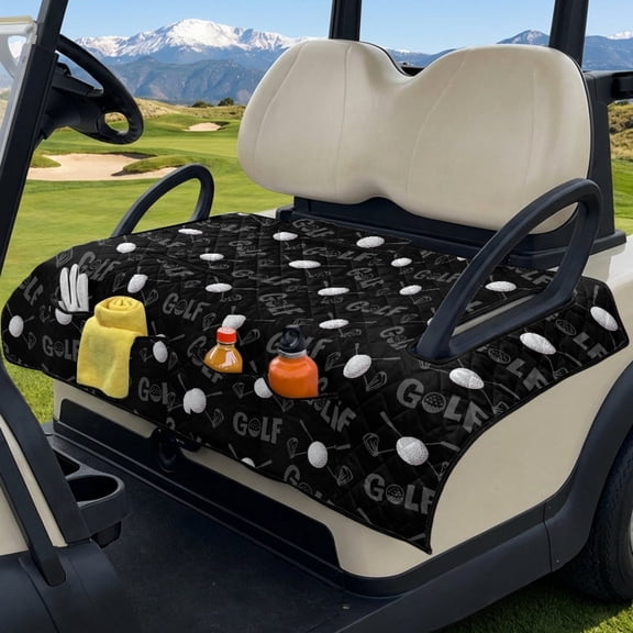 COEQINE Quilted Golf Cart Seat Cover, Folds Like a Bag with Handle for Easy Carry, Universal Fit 51.2"x30.3" for EZGO Yamaha Club Car 2-Seaters, 4 Pockets, Golf Pattern Black