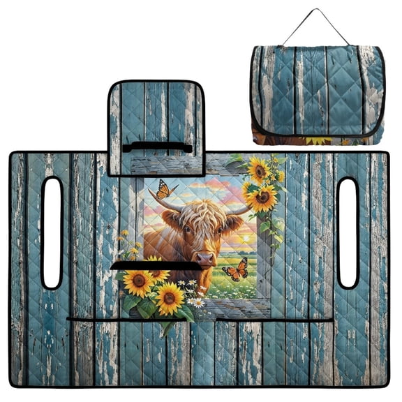 COEQINE Quilted Golf Cart Seat Cover, Folds Like a Bag with Handle for Easy Carry, Universal Fit 51.2"x30.3" for EZGO Yamaha Club Car 2-Seaters, 4 Pockets, Highland Cow Sunflower Wood Grain