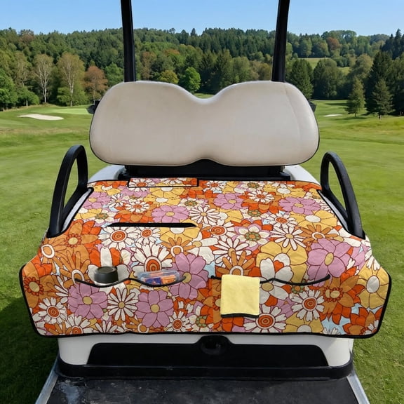 COEQINE Quilted Golf Cart Seat Cover, Folds Like a Bag with Handle for Easy Carry, Universal Fit 51.2"x30.3" for EZGO Yamaha Club Car 2-Seaters, 4 Pockets, Orange Pink Daisy Hippie Flower