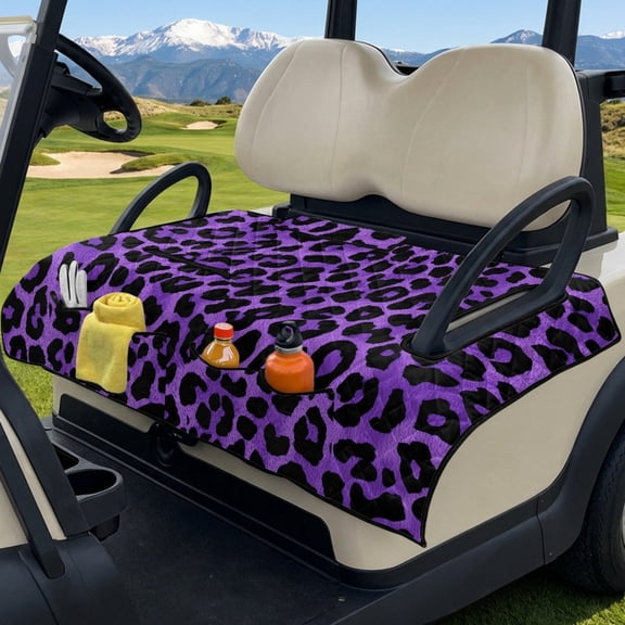COEQINE Quilted Golf Cart Seat Cover, Folds Like a Bag with Handle for Easy Carry, Universal Fit 51.2"x30.3" for EZGO Yamaha Club Car 2-Seaters, 4 Pockets, Purple Leopard Print