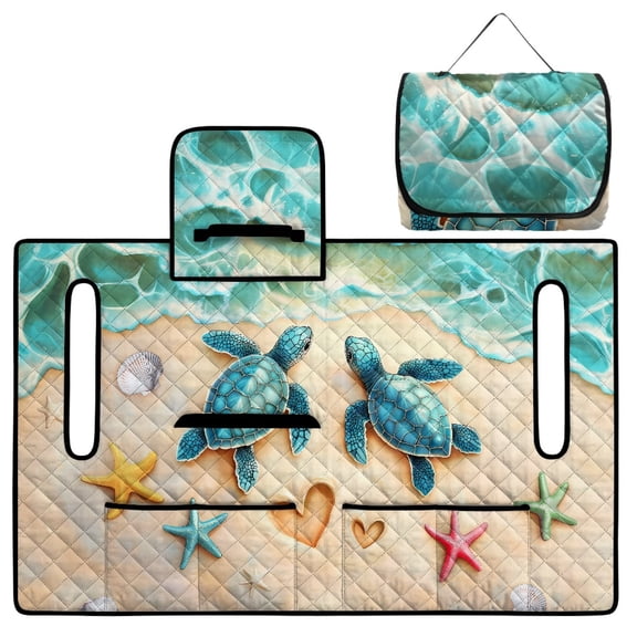 COEQINE Quilted Golf Cart Seat Cover, Folds Like a Bag with Handle for Easy Carry, Universal Fit 51.2"x30.3" for EZGO Yamaha Club Car 2-Seaters, 4 Pockets, Sea Turtle Beach Starfish