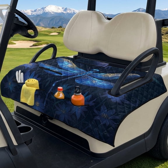 COEQINE Quilted Seat Cover for Golf Carts, Includes Carry Handle for Bag-Style Folding, Universal Fit Most 2-Seaters, 4 Storage Pockets, Ideal Gift for Golfers, Blue Dragonfly Flower