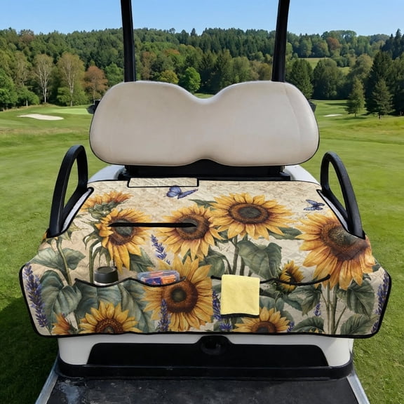 COEQINE Quilted Seat Cover for Golf Carts, Includes Carry Handle for Bag-Style Folding, Universal Fit Most 2-Seaters, 4 Storage Pockets, Ideal Gift for Golfers, Retro Sunflower Butterfly