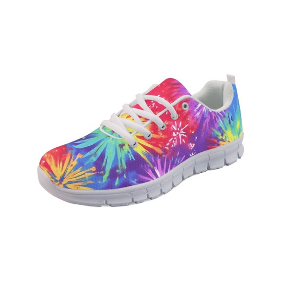 COEQINE Rainbow Tie-dye Girls Sneakers Breathable Mesh Lace Up Women Running Shoes for Travel Outdoor White Sole Training Athletic Sport Cute Footwear
