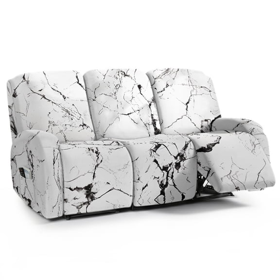 COEQINE Recliner Chair Cover 3 Seater Washable Recliner Sofa Slipcover 8 Pieces Universal Reclining Couch Cover with Pocket for 3 Cushion Reclining Sofa, Marble Crack White