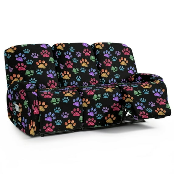 COEQINE Recliner Cover 3 Seater Stretch Recliner Sofa Cover 8 Pieces Anti-Slip Wear Resistant Dog Couch Slipcover with Side Pocket for Pets, Dogs, Cats, Colorful Paw Print